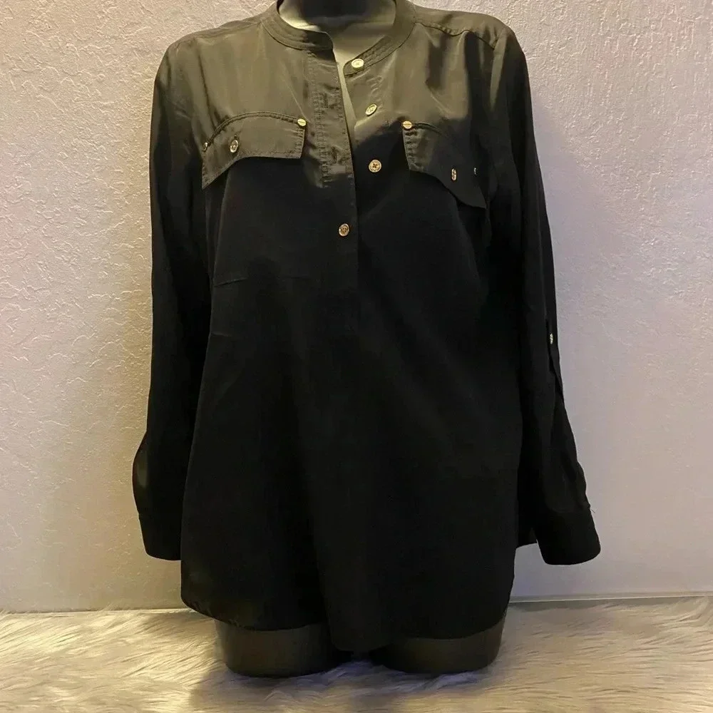 Michael Kors Women's Petite SM Black Utility Blouse Gold Button Long Sleeve Top
